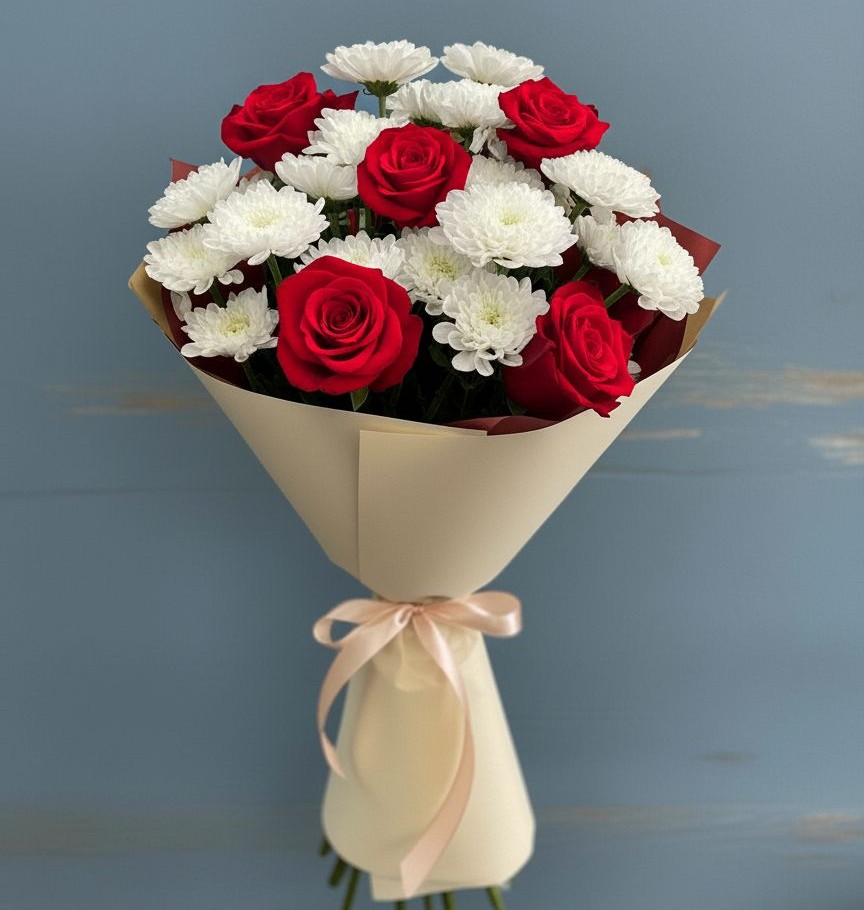 Букет цветов из: Розы и Хризантемы в Сингапай