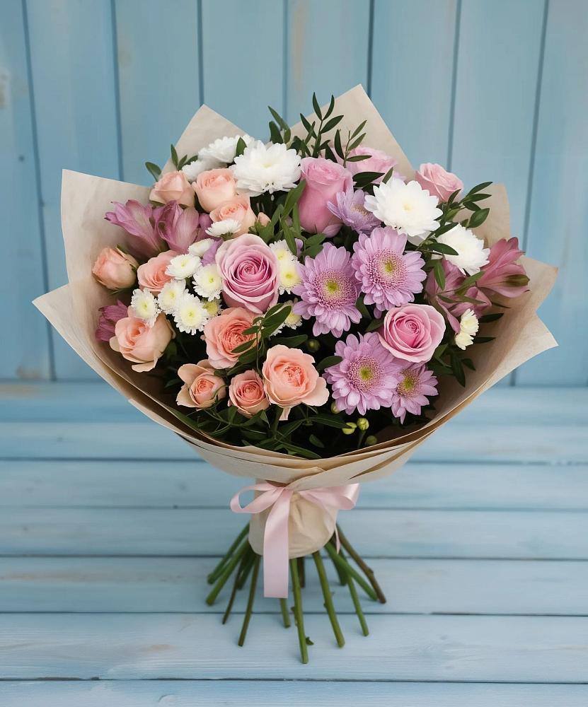 Букет цветов из: Хризантемы, Розы и Альстромерии в Сингапай