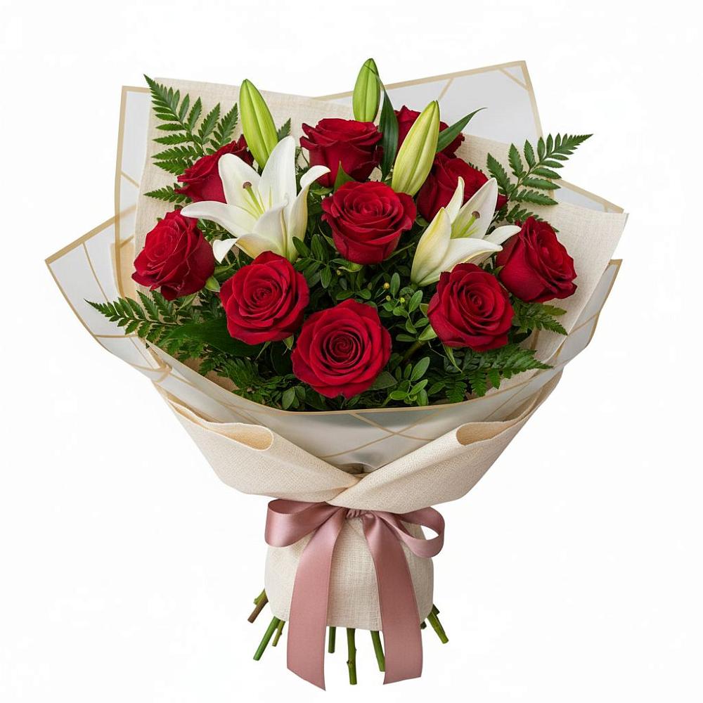 Букет цветов из: Лилии и Розы в Сингапай