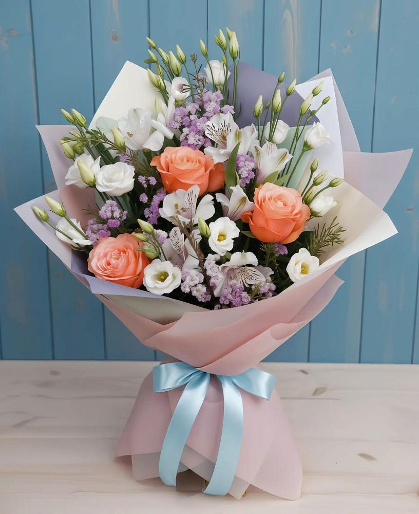 Букет цветов из: Лизиантусы, Розы, Альстромерии и Гипсофила в Сингапай