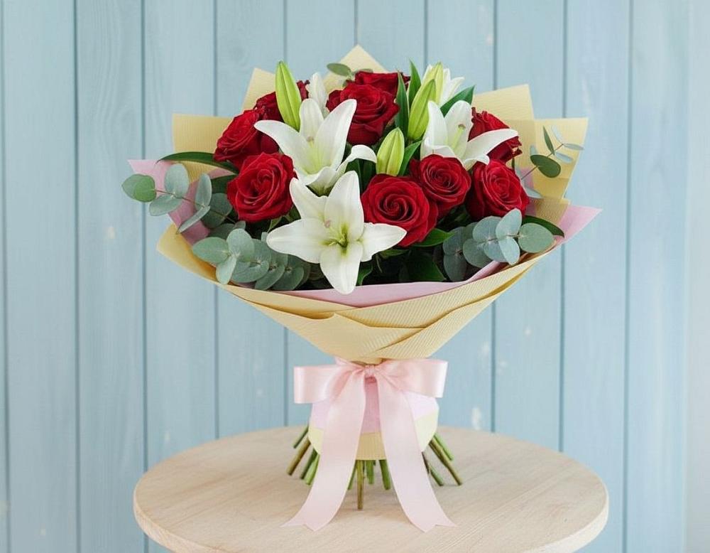 Букет цветов из: Лилии и Розы в Сингапай