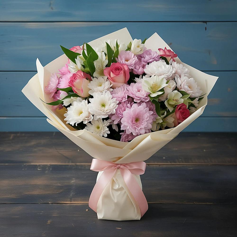 Букет цветов из: Хризантемы, Альстромерии и Розы в Сингапай